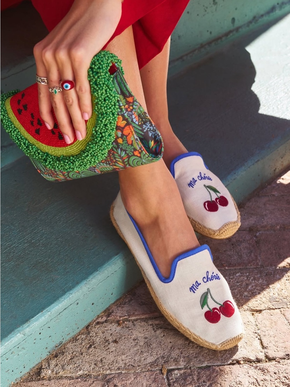 Soludos Ma Chérie Cherry Embroidered Espadrilles in White with Blue Trim